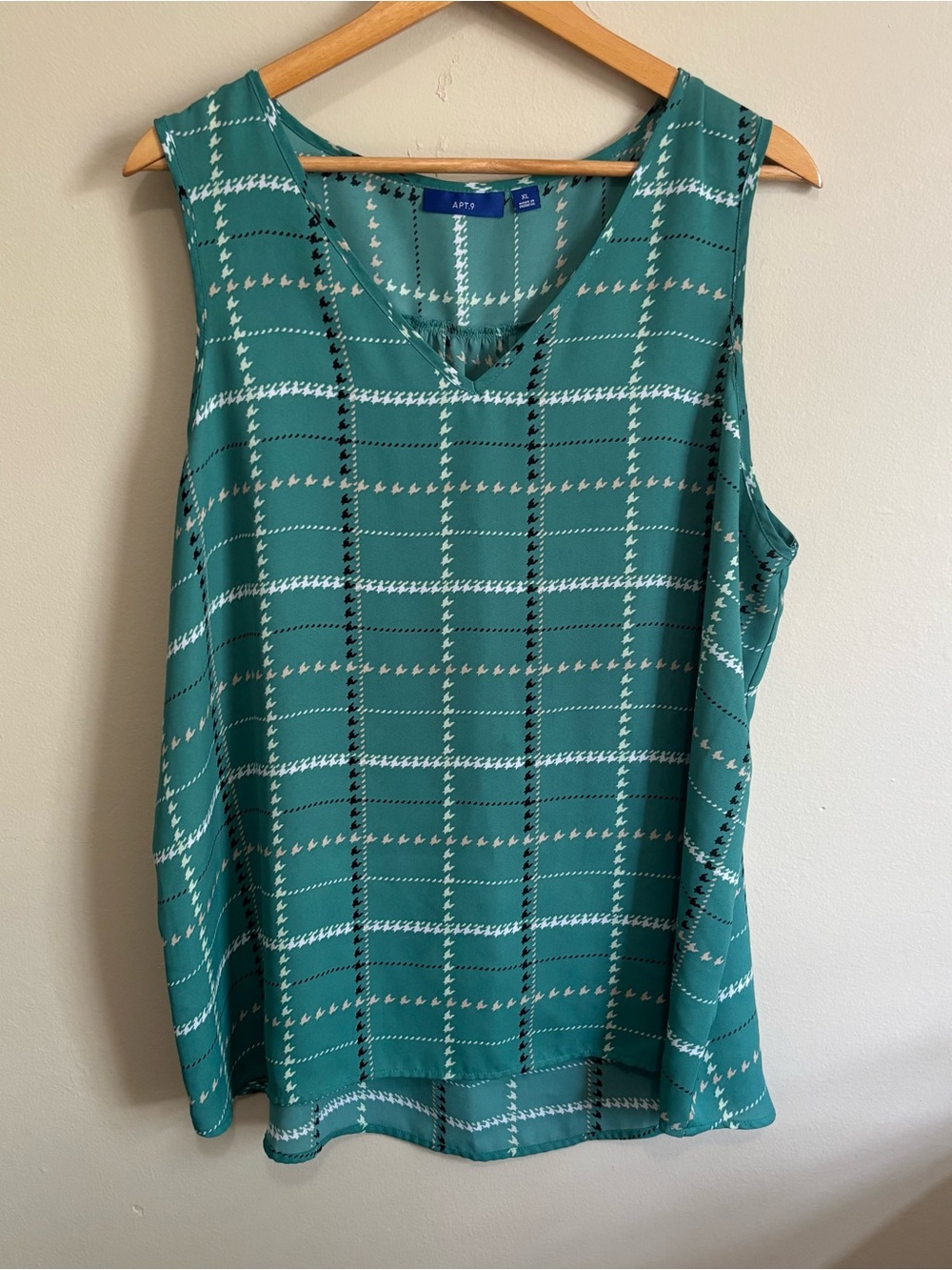 Apt. 9 Emerald Green Houndstooth Plaid V-Neck Sleeveless Tank Top XL